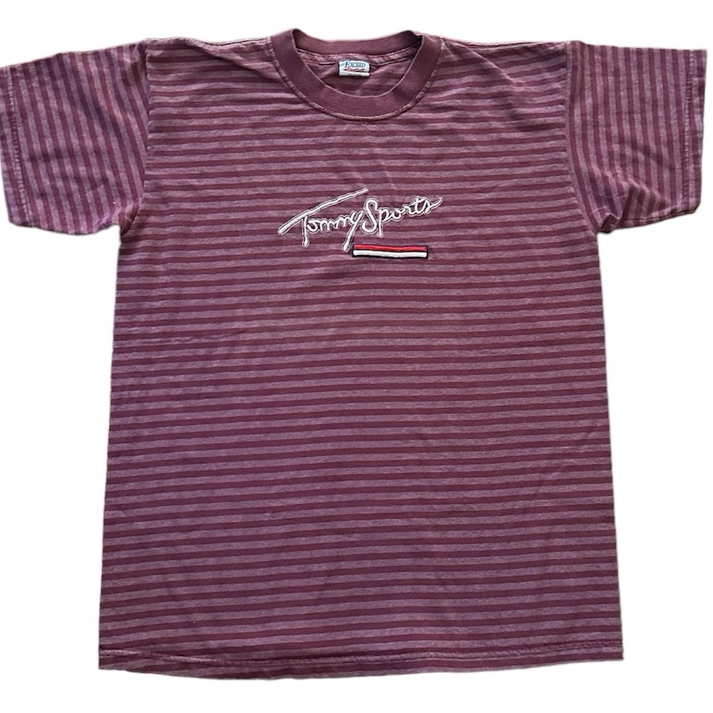 Tommy Sports Vintage Embroidered Striped T Shirt Sz L Cranberry USA Made